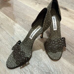 Manolo Blahnik Leopard Print Cutout Open Toe Heel - Size 8.5